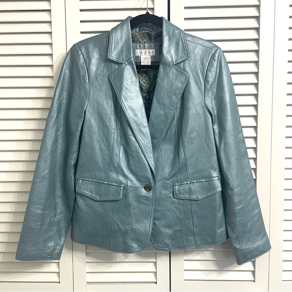 Worthington Women’s Leather Blazer Jacket Metallic Teal Single Button Size L